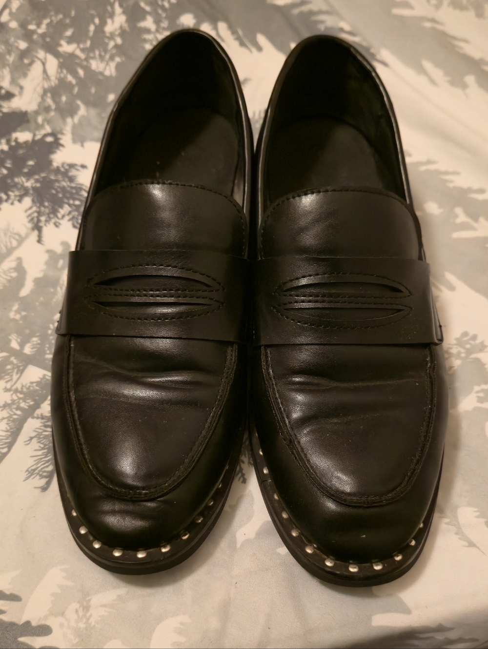 Black Leather Penny Loafers with Studded Trim 80's Goth